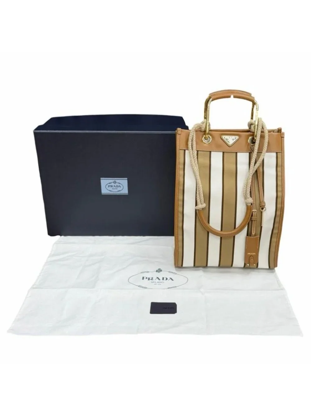 Prada Triangle Logo Stripe Leather Canvas Tote Brown White - Picture 2 of 14